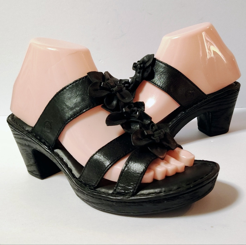 Born Women's Leather Slip-On Floral Block Heel Comfort Handcrafted Sandals Black
